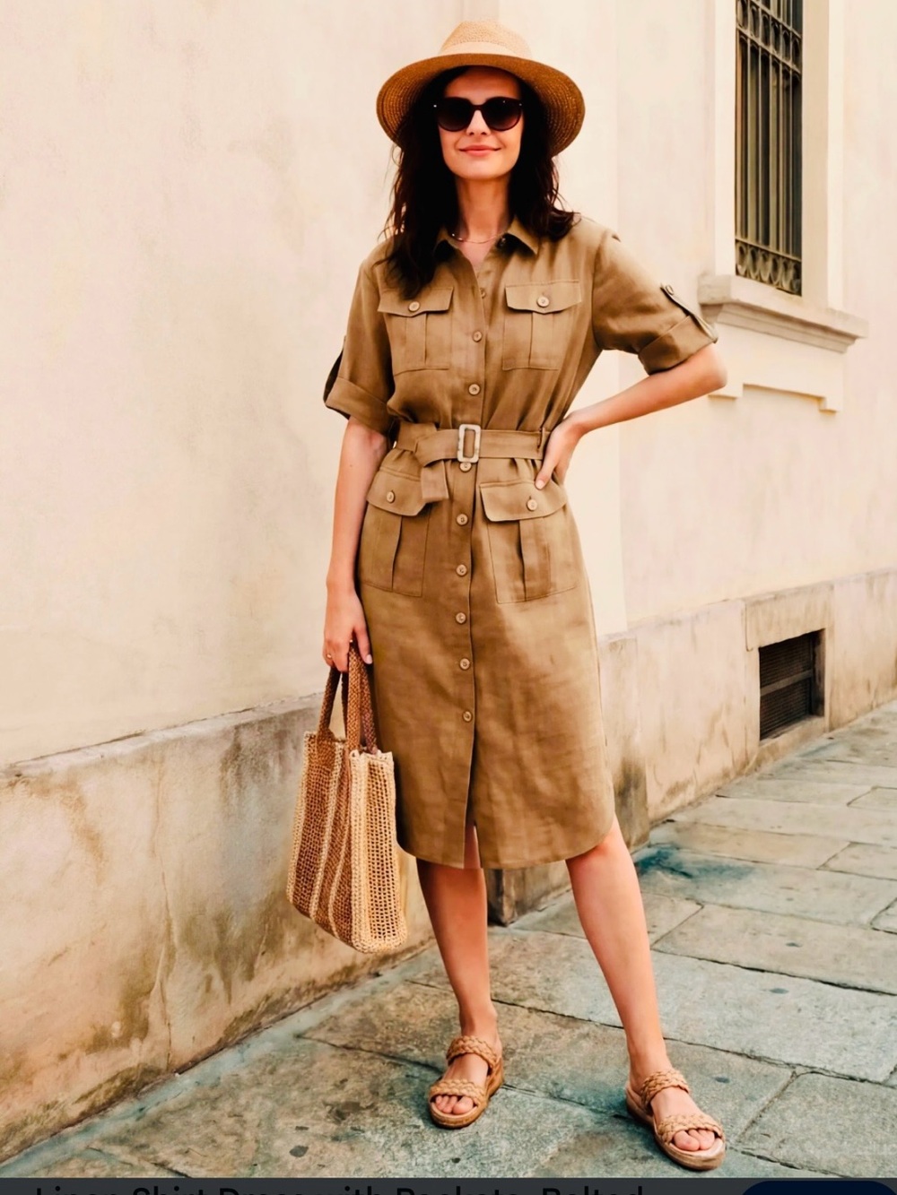Lauren Ralph Lauren Linen Khaki Belted Utility Dress